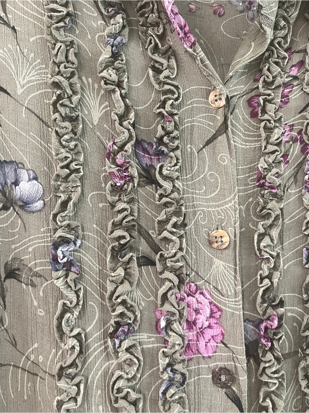 Carole Little Olive Green Floral Ruffle-Front Button Down Blouse - Picture 3 of 6